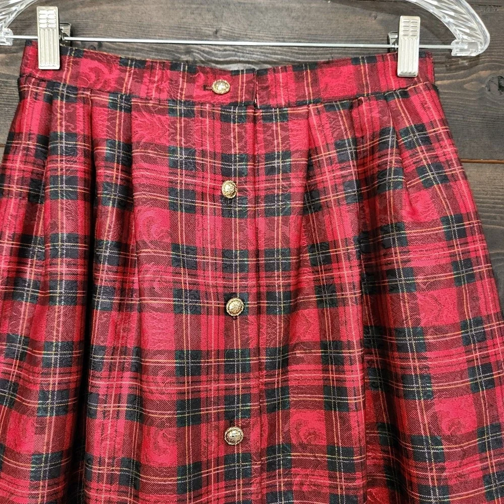 Vintage 80s Red Plaid Midi Pocket Skirt S/M 25